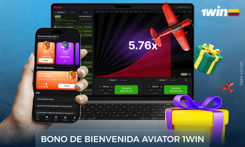 El bono de bienvenida de Aviator 1WIN para jugadores de Colombia es del 500% y se reparte entre los cuatro primeros depósitos