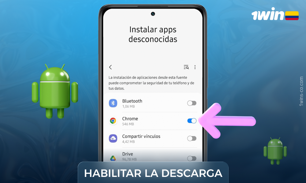 Permita la instalación desde fuentes desconocidas para descargar 1win para Android
