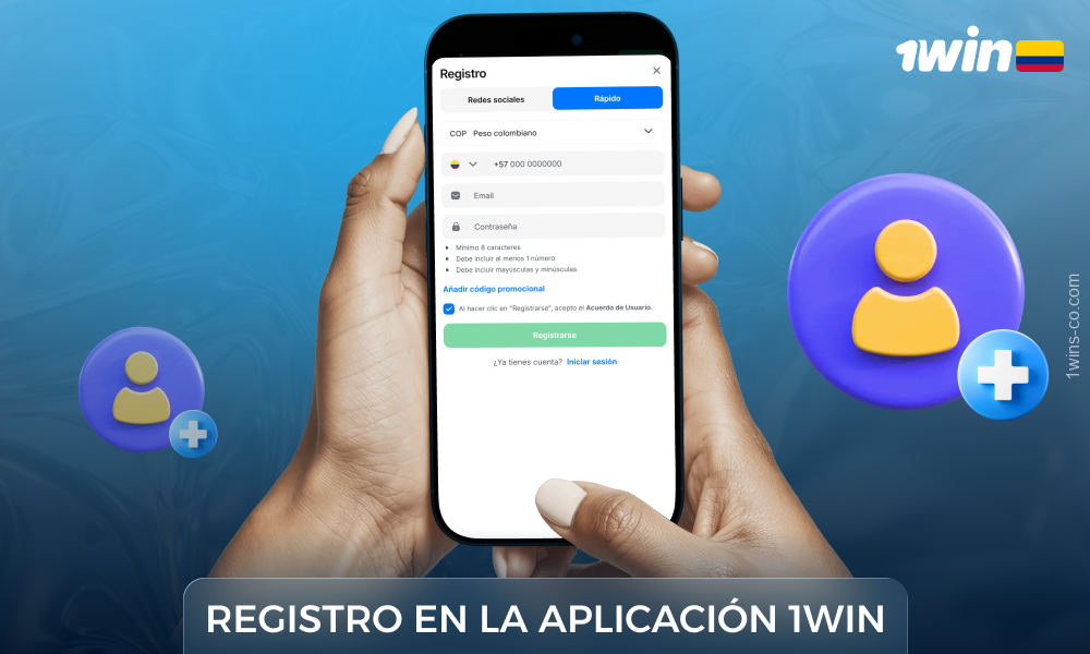 Para registrarse en la aplicación 1Win, rellene el formulario, acepte las normas y haga clic en Registrarse